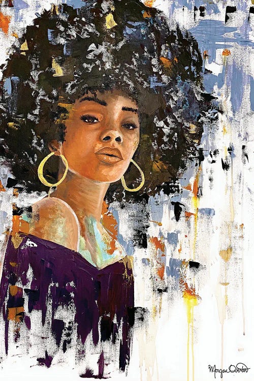 Abstract portrait of a black woman with afro, gold hoop earrings and off the shoulder top by new icanvas artist Morgan Overton