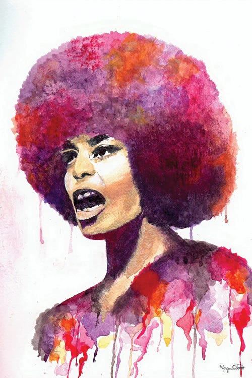 Pop culture portrait of Angela Davis with pink afro and dripping pink paint by new icanvas creator Morgan Overton