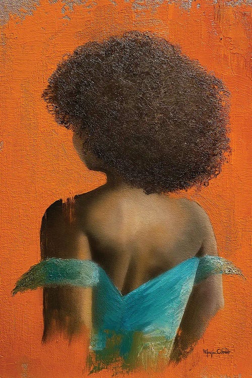 Portrait of the back of a Black woman with natural hair wearing blue dress against orange background by Morgan Overton