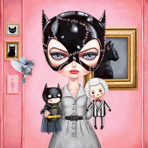 Pop surrealism art of cat woman holding batman and joker dolls by iCanvas artist Melanie Schultz
