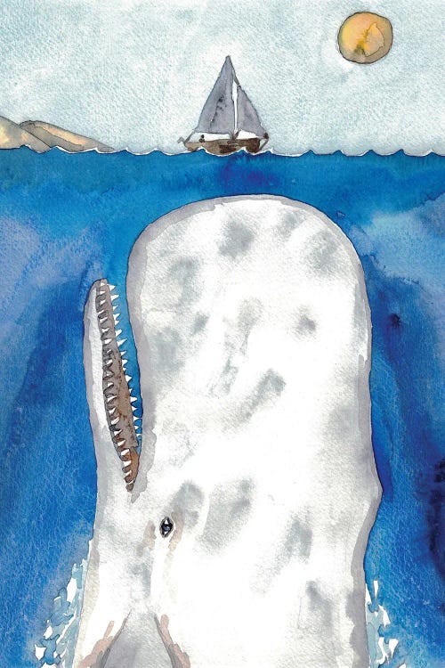Wall art of a giant white whale under water beneath tiny sailboat by new creator Maryna Salagub