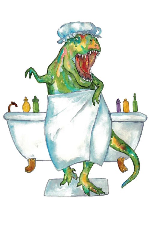 Wall art of a green T-rex in towel and shower cap in front of a bathtub by new iCanvas artist Maryna Salagub