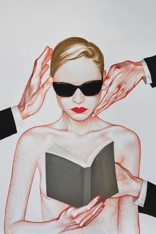 Wall art of topless woman with red lipstick and sunglasses holding book with hands reaching at her by Masha Yankovskaya