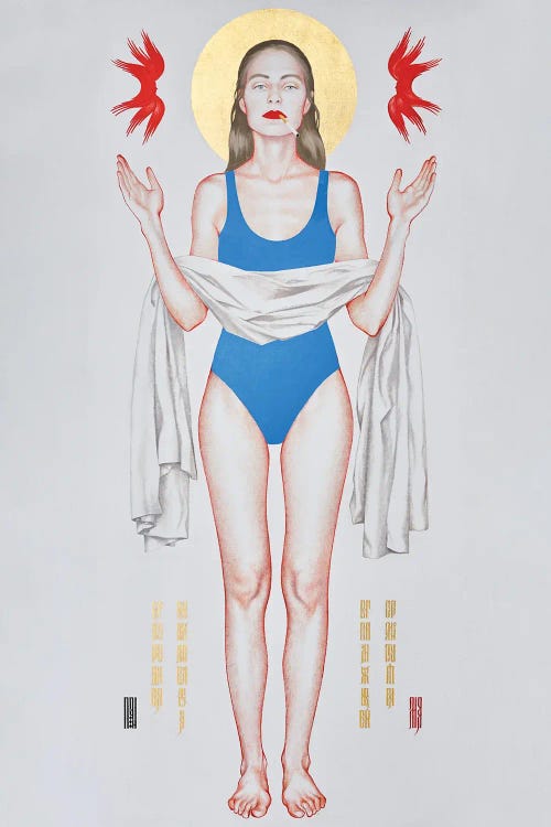 Wall art of woman in blue swimsuit in front of sun holding white cloth by new iCanvas creator Masha Yakovskaya