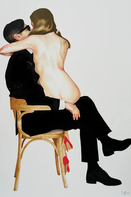 Wall art of naked woman kissing man in black suit on chair by new iCanvas artist Masha Yankovskaya