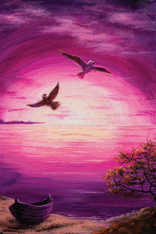 Nature art of purple sunset with two birds flying by new icanvas creator Marina Zotova