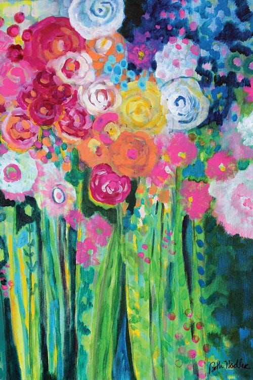 Wall art of a dancing bouquet of colorful flowers by new iCanvas creator Beth Nadler