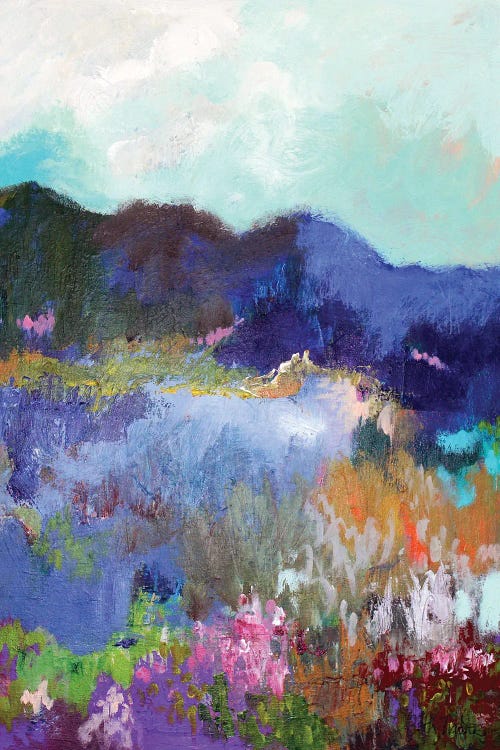 Painting of a mountain behind a field of flowers by new icanvas artist Beth Nadler