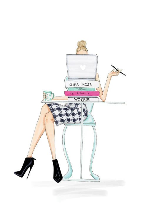 Fashion illustration of a woman in herringbone skirt at desk behind books and laptop by new icanvas creator Nadine de Almeida