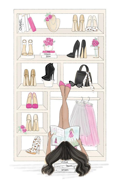 Fashion illustration of a woman sitting on floor with legs against shoe closet reading magazine by new creator Nadine de Almeida