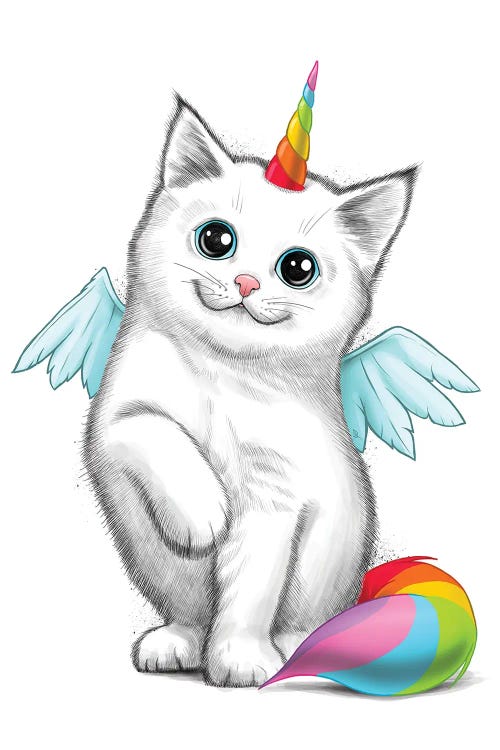 Portrait of a white cat with blue wings and ring unicorn horn and tail by new icanvas creator Nikita Korenkov