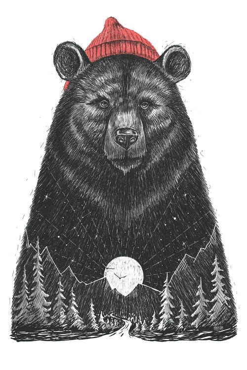 Portrait of a black bear wearing red beanie with white forest scene drawn in his chest by new icanvas artist Nikita Korenkov