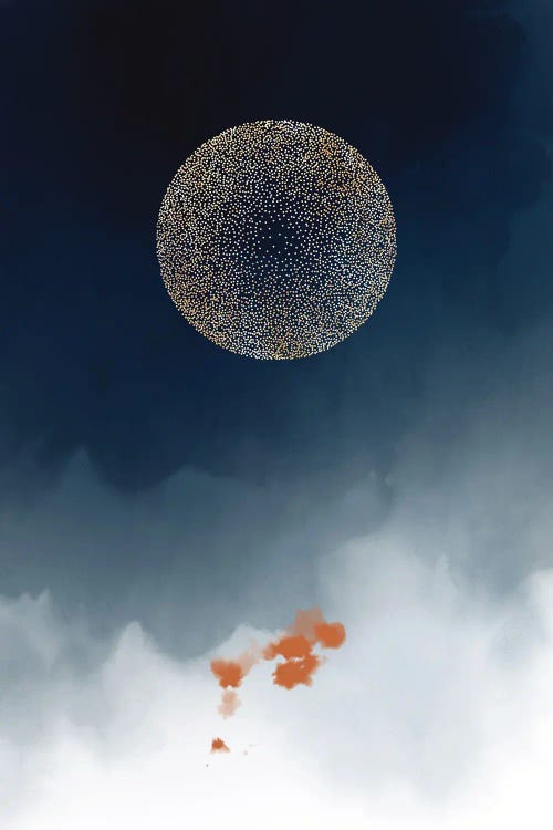 Minimalist art of shining moon against ombre blue sky with orange paint spots by new creator Nordic Print Studio