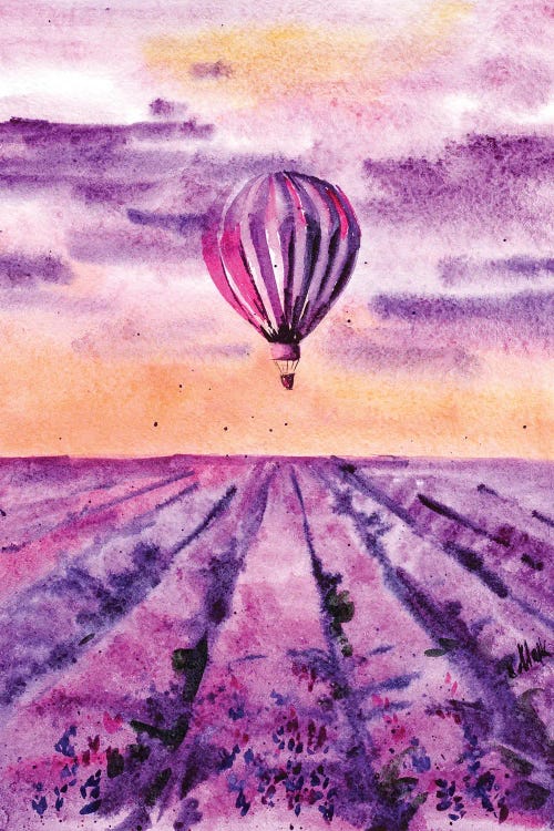 Painting of purple and pink hot air balloon above lavender field against by new iCanvas creator Nataly Mak