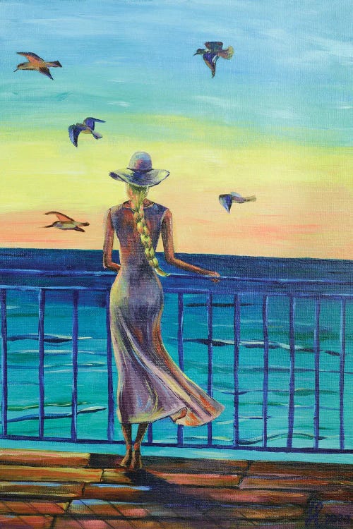 Painting of a woman with blonde braid looking out at the sea at sunset while birds fly by new creator Nataly Mak