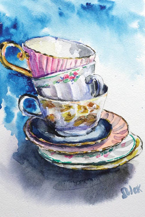 Painting of white and pink stacked tea cups and saucers by new icanvas artist Nataly Mak