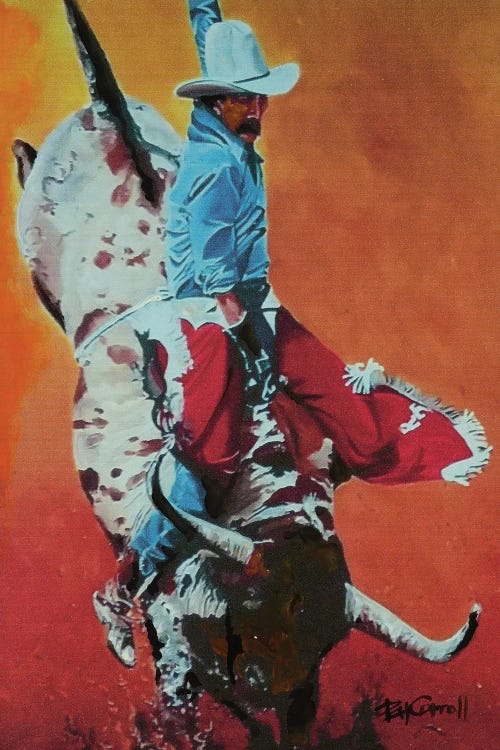 Fine art painting of a cowboy riding a brown and white spotted bull by iCanvas creator Patricia Carroll