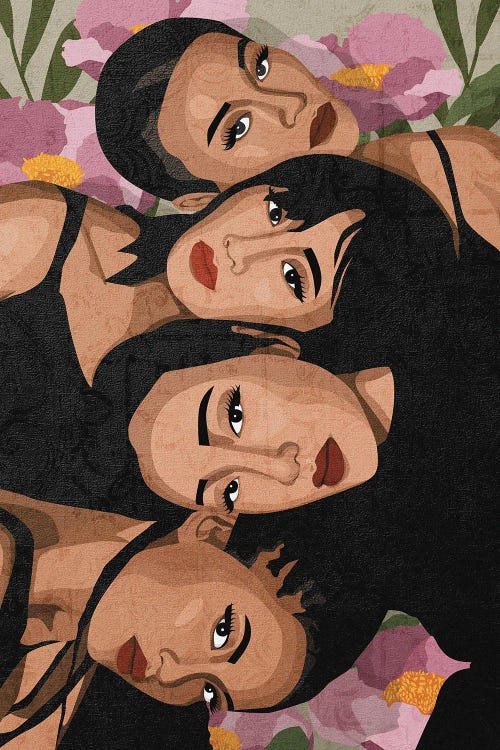 Wall art of four Asian women laying heads together in front of pink floral background by new creator Phung Banh