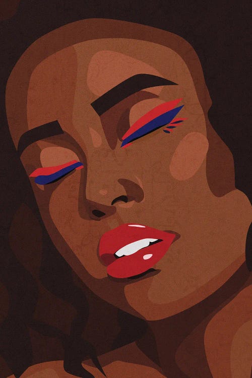 Portrait of a black woman with pink and blue eye makeup on closed eyes and red lipstick by new creator Phung Banh