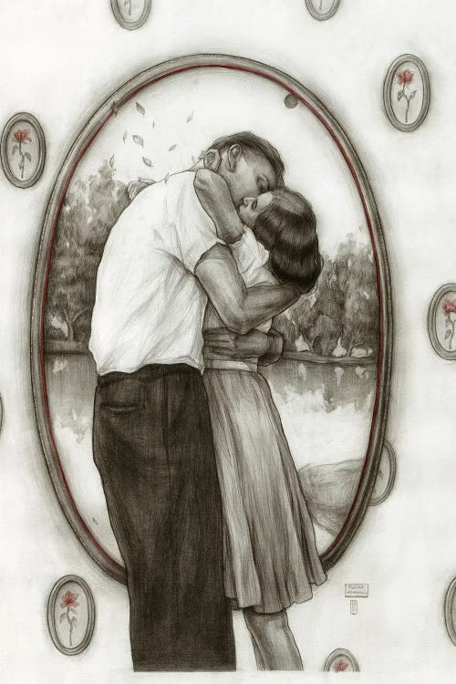 Black and white drawing of a vintage couple embracing and kissing by new creator Polina Kharlamova
