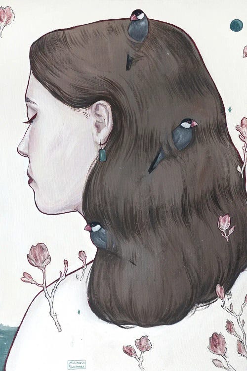 Painting of woman's profile with birds in hair and pink florals surrounding by new iCanvas creator Polina Kharlamova