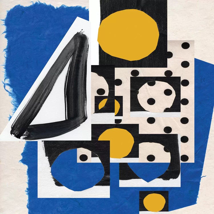 Classic art print reimagining Matisse’s cut-outs with blue, yellow and black shapes and patterns by iCanvas artist Pamela Staker