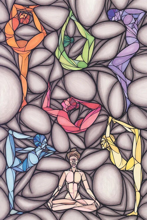 Abstract art of colorful figures doing yoga poses against gray geometric background by new iCanvas artist Ryan Blume