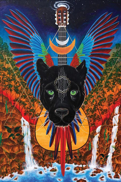Spiritual art of black panther head with colorful wings and guitar as body above waterfall by new iCanvas creator Ryan Blume