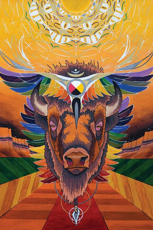 Spiritual art of buffalo head with colorful fur below abstract sun featuring a third eye by new creator Ryan Blume