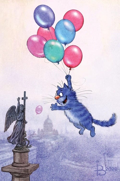 Wall art of blue cat floating above city with balloons by new creator Rina Zeniuk