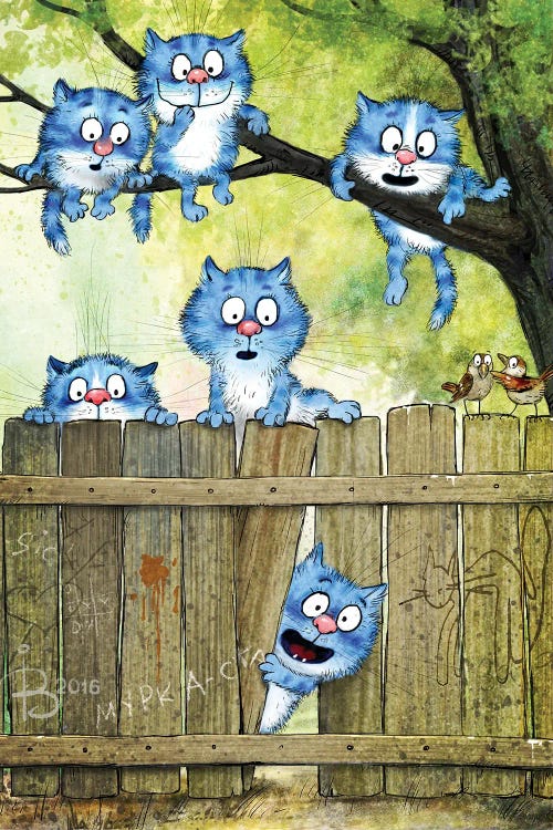 Wall art of six blue cats playing in tree behind fence by new icanvas creator Rina Zeniuk