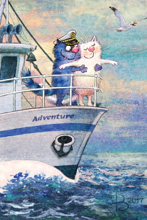 Wall art of blue cat and white cat on a boat by new icanvas artist Rina Zeniuk