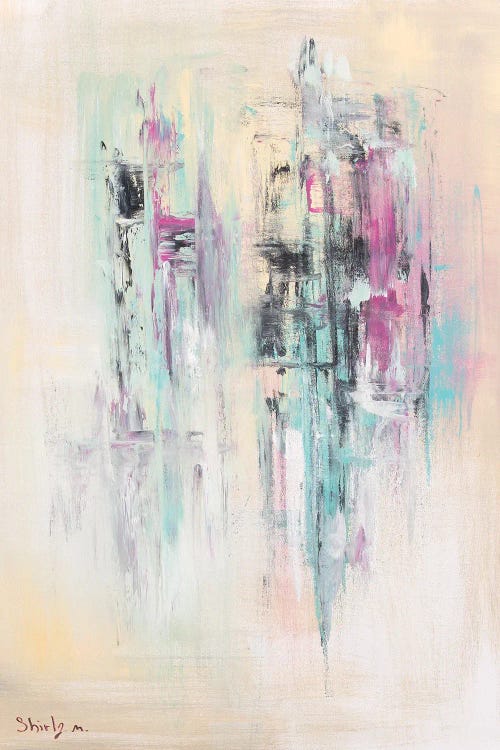 Abstract art featuring soft shades of blue, black and pink against cream background by new iCanvas artist Shirly Maimon