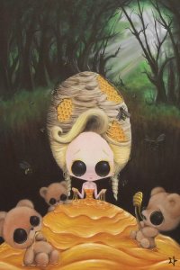 Lowbrow art of goldilocks with beehive hair surrounded by honey and bears by iCanvas artist Sugar Fueled