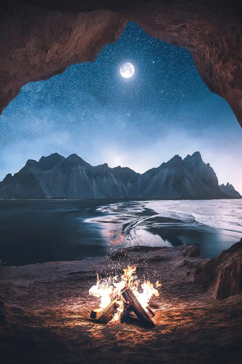 Surreal art of a campfire on a beach under a a cove and full moon by new creator Shubham Kumar Rana