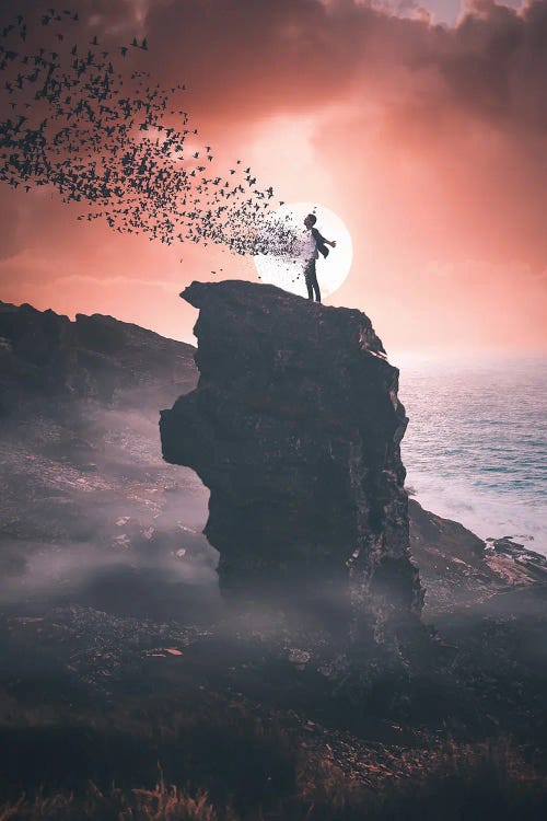 Surreal art of person standing on ocean rock with butterflies flying out of chest by new icanvas artist Shubham Kumar Rana