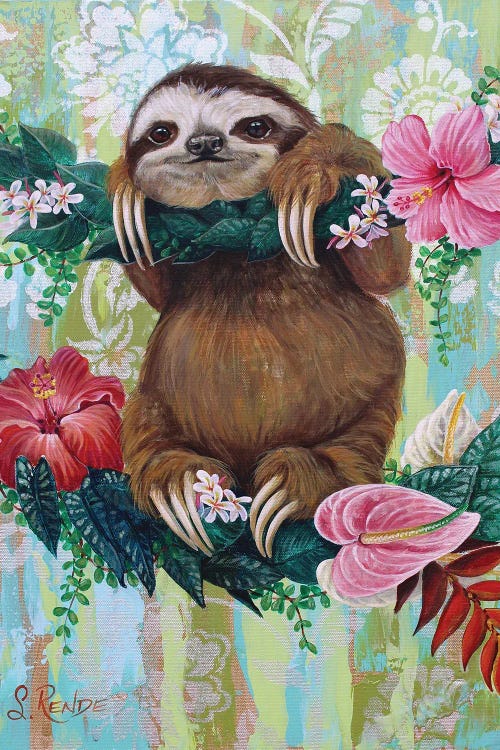 Portrait of a sloth hanging on floral vines against colorful wallpaper background by new creator Suzanne Rende