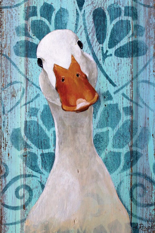 Portrait of a white duck against blue floral wooden background by new iCanvas creator Suzanne Rende