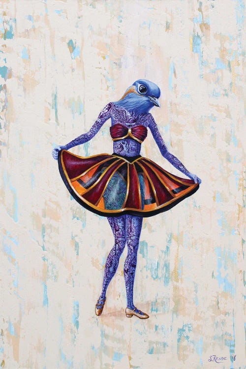 Wall art of purple bird lady in striped skirt and top by new iCanvas artist Suzanna Rende