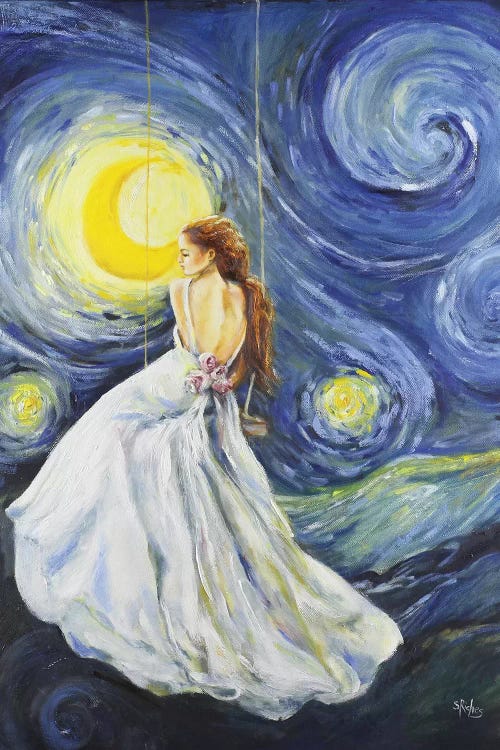 Classic art print of Van Gogh’s Starry Night reimagined with woman with long hair in white dress by iCanvas artist Sara Riches