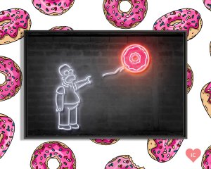 Wall art of neon homer simpson reaching for donut shaped balloon by iCanvas artist Octavian Mielu