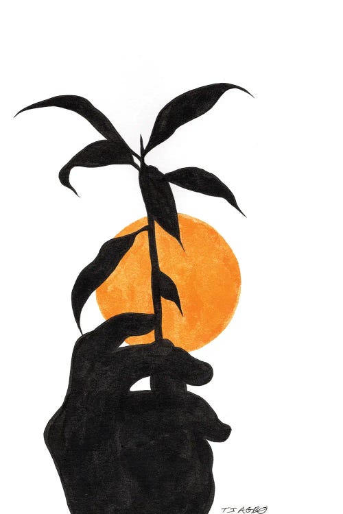 Wall art of black hand holding up plant in front of yellow sun by new iCanvas artist TJ Agbo