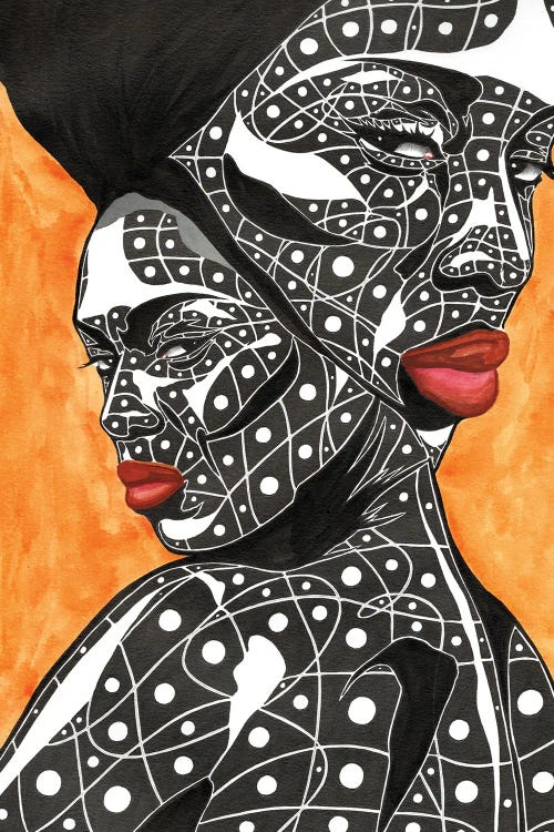 Portrait of mosaic woman with two heads and red lips against orange background by new creator TJ Agbo