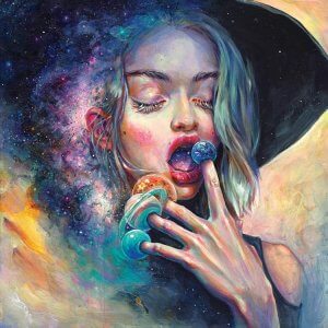 Pop surrealism art of woman surrounded by stars with planets on fingers by iCanvas artist Tanya Shatseva