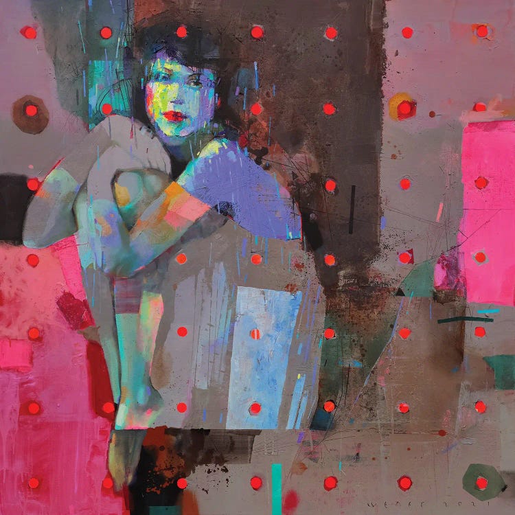 Modern classic art of reimagined version of Picasso’s Blue Nude with pink dots and vibrant colors by iCanvas artist Viktor Sheleg