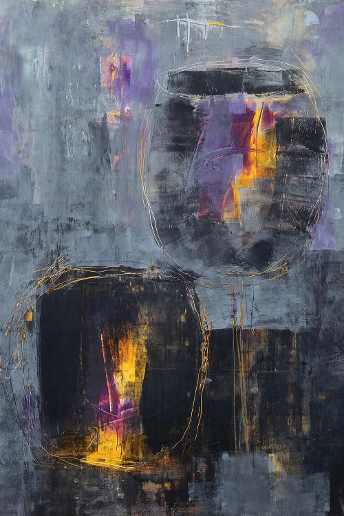 Abstract painting featuring grays, purples and yellows by new icanvas creator Vera Jochum