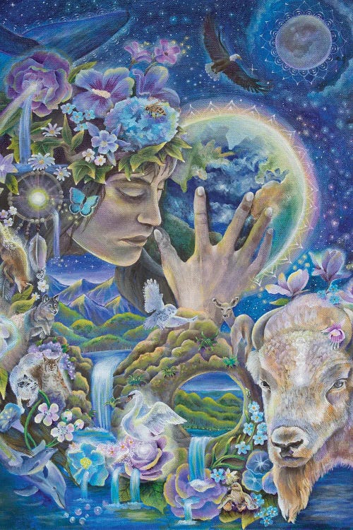 Fantasy art featuring a woman, white buffalo, blue and pink florals and stars by new icanvas creator Verena Wild