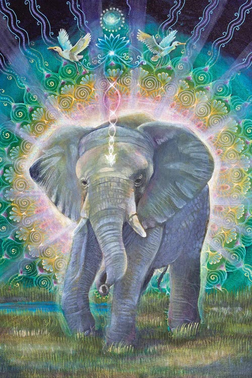 Fantasy art featuring elephant surrounded by blue symbols and white birds by new icanvas artist Verena Wild