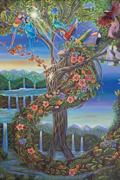 Fantasy art of a tree featuring green vines, pink flowers and tropical birds in front of waterfalls by new creator Verena Wild
