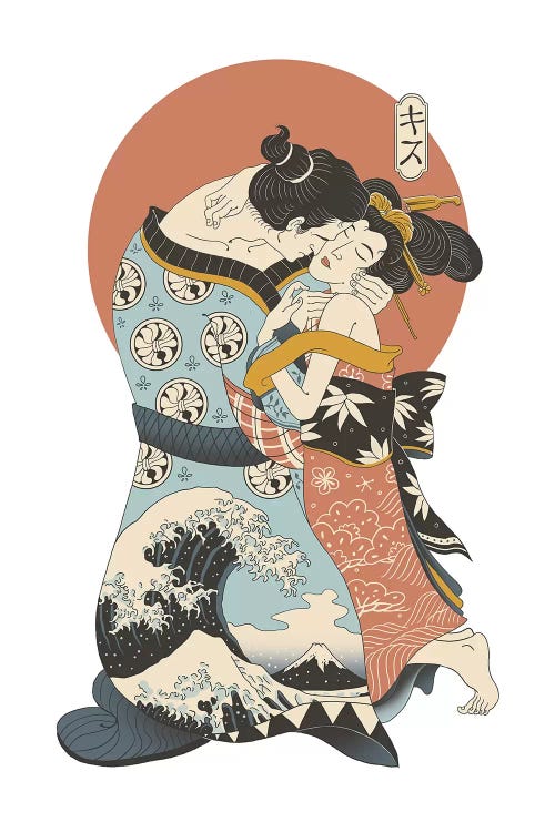 Classical art of Gustav Klimt’s The Kiss reimagined with asian couple and Great Wave by iCanvas artist Vincent Trinidad